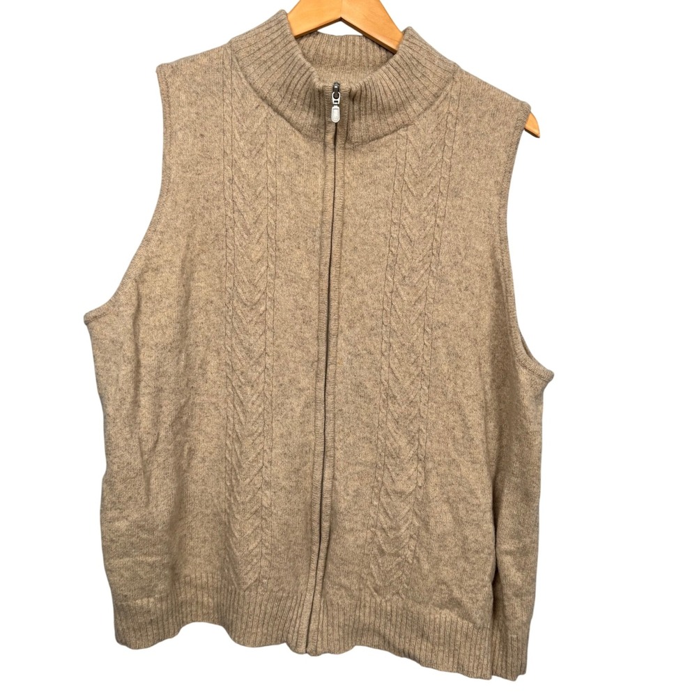 Pendleton Tan Lambs Wool Cable Knit Sweater Vest Plus Women 3X Zip Scandi Preppy